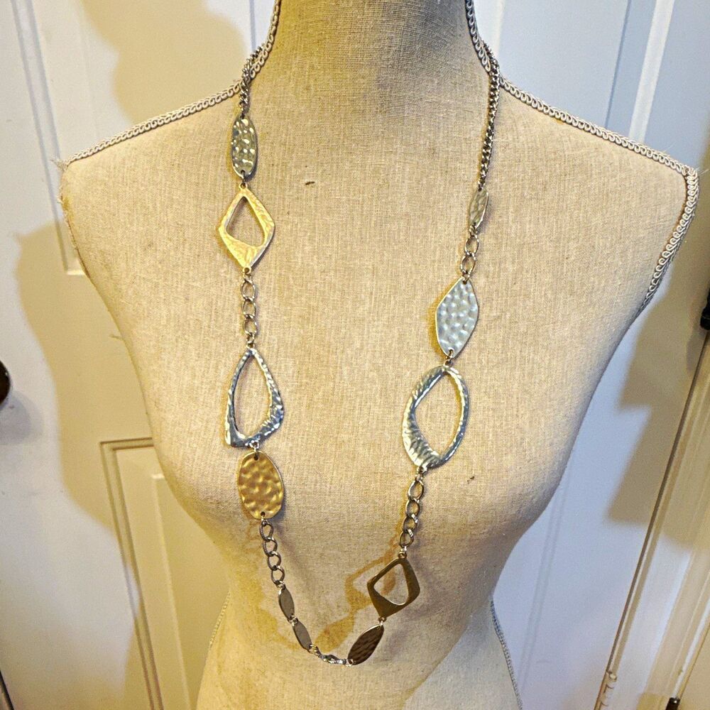 CHICO'S STATEMENT Silver Gold Tone Hammered Curb Link 36in Necklace ADJ Signed